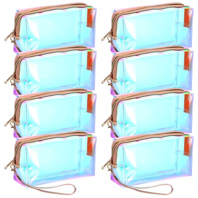8 Pcs Holographic Iridescent Clear Makeup Bags with Zipper Travel Cosmetic Pouches with Wrist Loop Waterproof Toiletry Organizer Case Home Office Beach Pouch Purse Diaper Vacation Gift Bag