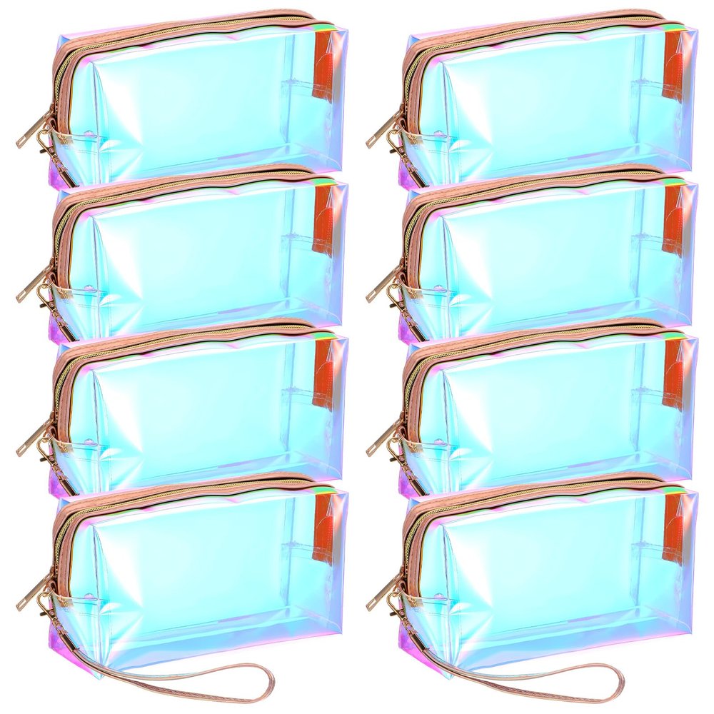 8 Pcs Holographic Iridescent Clear Makeup Bags with Zipper Travel Cosmetic Pouches with Wrist Loop Waterproof Toiletry Organizer Case Home Office Beach Pouch Purse Diaper Vacation Gift Bag