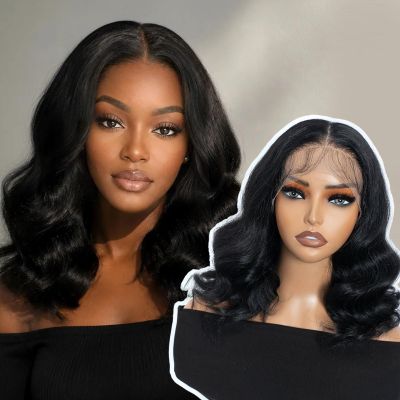 DBUT Lace Front Wig 13x7 Glueless Wear and Go Wavy Bob Wig Synthetic Hair, Pre-Styled Free Parting Pre Plucked 14 Inch Wig for Black Women 1B Natural Black