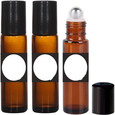 10ml Premium Empty Refillable Reusable Roll on Glass Set of 3, Black Cap