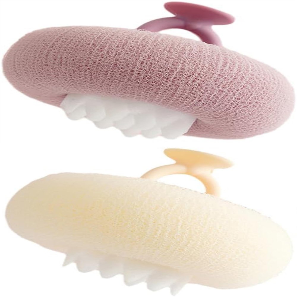 2-in-1 Ultra Soft Bath Sponge Cleaning Brush, Sunflower Bath Ball,Suction Cup Bath Ball with Finger Rings,Exfoliating Shower Loofah Sponges (Purple+Beige)