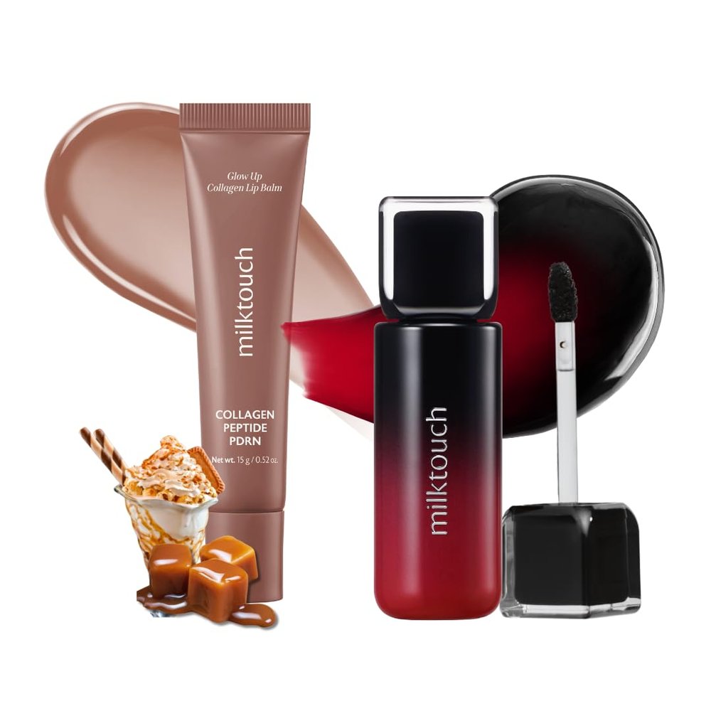 MILKTOUCH [Summer-proof Lip Combo] Black Peel Off Lip Tattoo #03 Black Apple + Collagen Lip Balm Christmas Gift Sets #Caramel Fondue