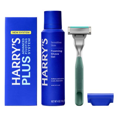Harry's Plus Shaving Kit for Men - Premium Handle, Razor Blade Cartridge, Foaming Shave Gel, and Travel Blade Cover - Advanced Pivoting System - Moss