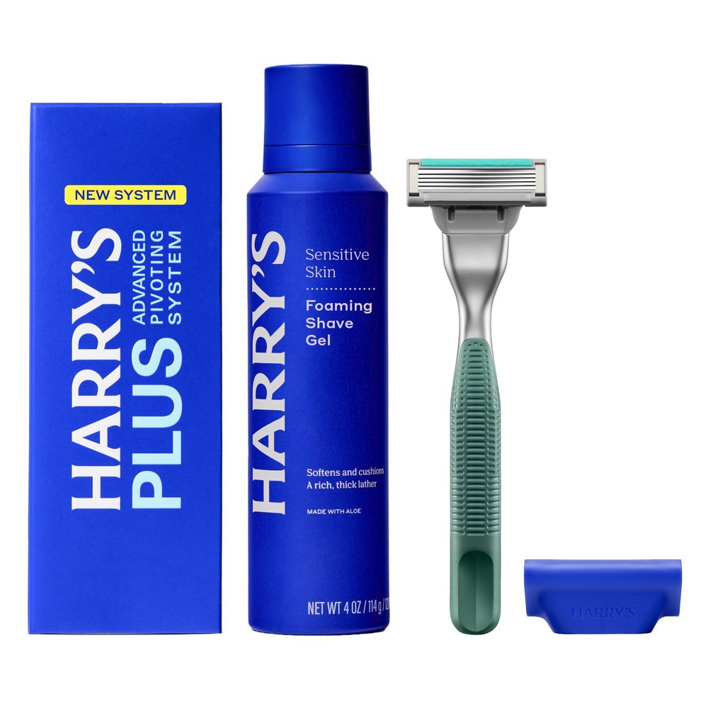 Harry's Plus Shaving Kit for Men - Premium Handle, Razor Blade Cartridge, Foaming Shave Gel, and Travel Blade Cover - Advanced Pivoting System - Moss