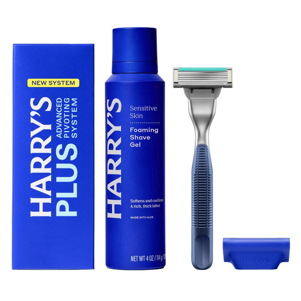Harry's Plus Shaving Kit for Men - Premium Handle, Razor Blade Cartridge, Foaming Shave Gel, and Travel Blade Cover - Advanced Pivoting System - Tide