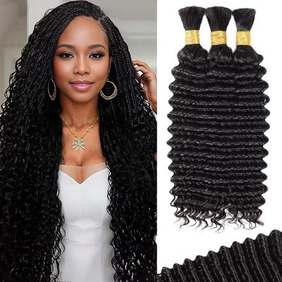 100g 3 Bundles/Pack Human Braiding Hair for Boho Braids 24 Inch Curly Boho Hair for Braiding Knotless 12A Deep Wave Bulk Bohemian Natural Black