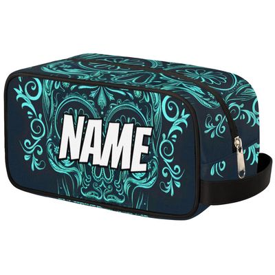 Zestdesign Custom Spooky Skull Makeup Bag with Name Personalized Waterproof Toiletry Bags Customized Skeleton Gothic Cool Cosmetic Bag for Women Men