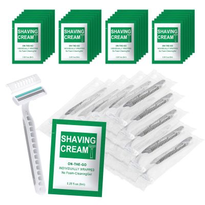 Xuezoioy Disposable Razors Bulk - Pack of 100,Individually Wrapped Grey 3 Blade Razors with 8 ml/0.28 fl oz Packet Shaving Cream and Clear Cap for Homeless,Hotel,Shelter,Travel