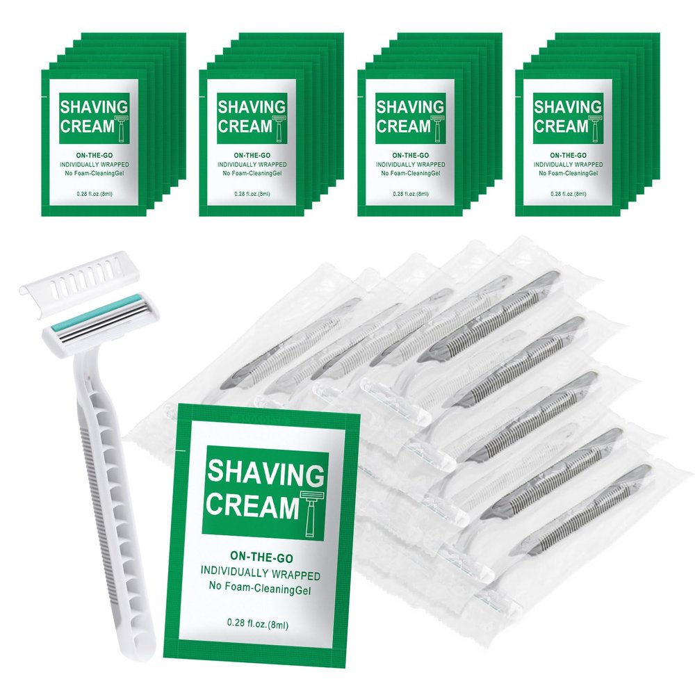 Xuezoioy Disposable Razors Bulk - Pack of 100,Individually Wrapped Grey 3 Blade Razors with 8 ml/0.28 fl oz Packet Shaving Cream and Clear Cap for Homeless,Hotel,Shelter,Travel