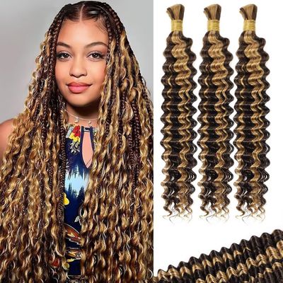 100g 3 Bundles/Pack Ombre Highlight Human Braiding Hair for Boho Braids 20 Inch Curly Boho Hair for Braiding Knotless 12A Deep Wave Bulk Bohemian Color P4/27