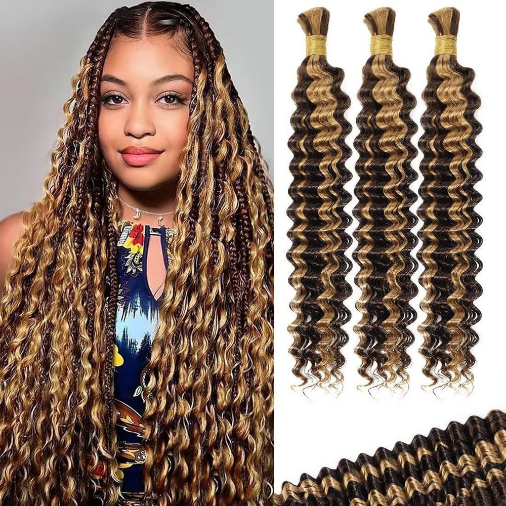 100g 3 Bundles/Pack Ombre Highlight Human Braiding Hair for Boho Braids 20 Inch Curly Boho Hair for Braiding Knotless 12A Deep Wave Bulk Bohemian Color P4/27