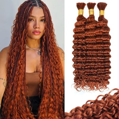 100g 3 Bundles/Pack Dark Ginger Human Braiding Hair for Boho Braids 22 Inch Curly Boho Hair for Braiding Knotless 12A Deep Wave Bulk Bohemian Color 350