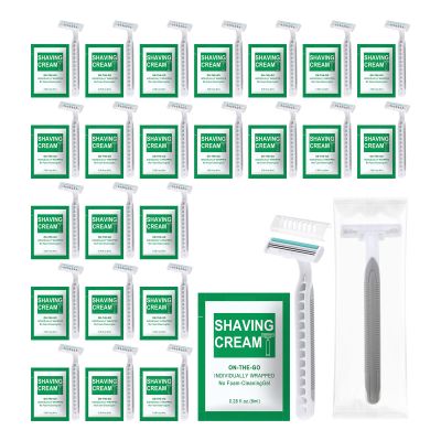 Xuezoioy Disposable Razors Bulk - Pack of 10,Individually Wrapped Grey 3 Blade Razors with 8 ml/0.28 fl oz Packet Shaving Cream and Clear Cap for Homeless,Hotel,Shelter,Travel