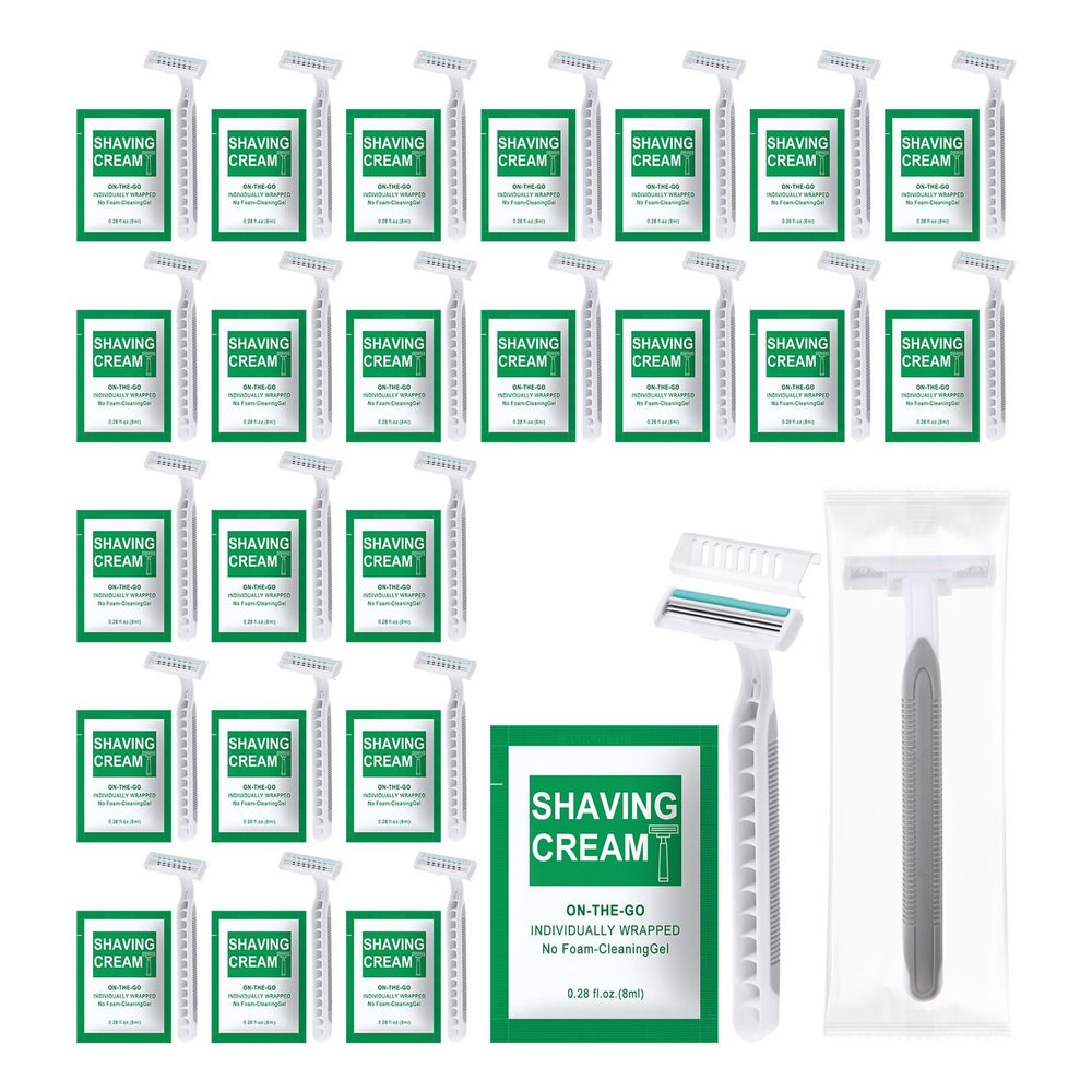 Xuezoioy Disposable Razors Bulk - Pack of 10,Individually Wrapped Grey 3 Blade Razors with 8 ml/0.28 fl oz Packet Shaving Cream and Clear Cap for Homeless,Hotel,Shelter,Travel