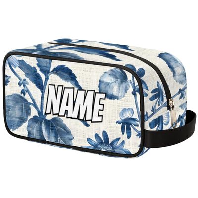 Zestdesign Custom Vintage Sunflower Makeup Bag with Name Personalized Waterproof Toiletry Bags Customized Blue Floral Cosmetic Bag for Women Men