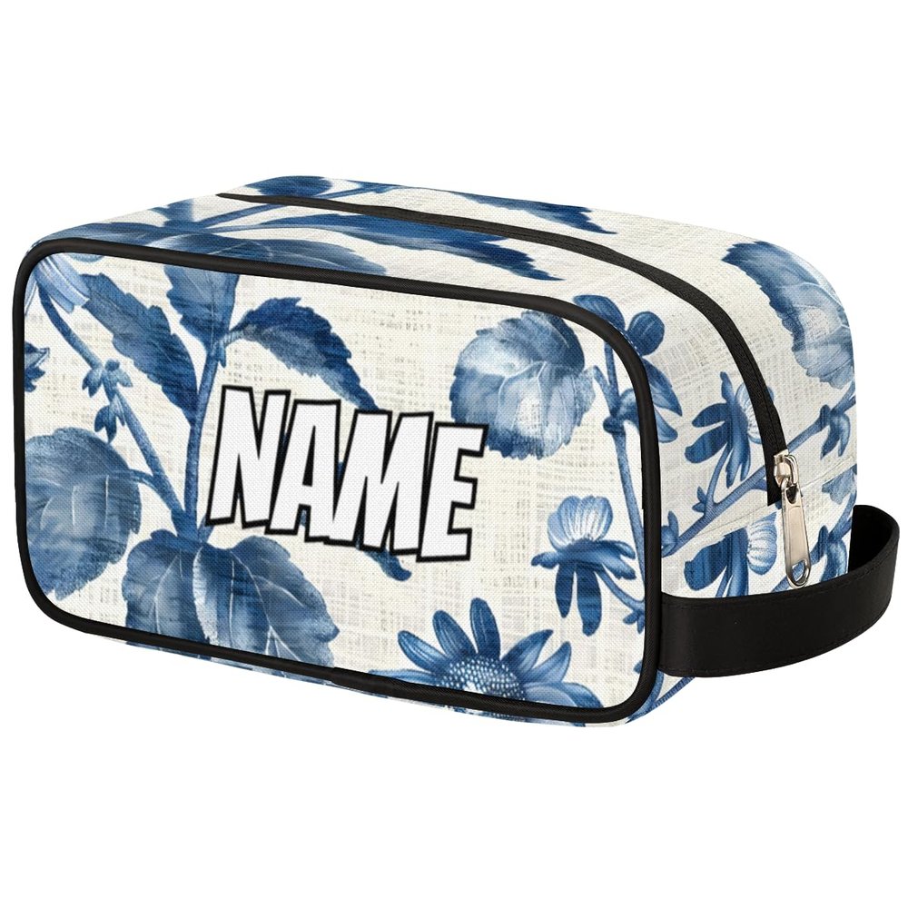 Zestdesign Custom Vintage Sunflower Makeup Bag with Name Personalized Waterproof Toiletry Bags Customized Blue Floral Cosmetic Bag for Women Men