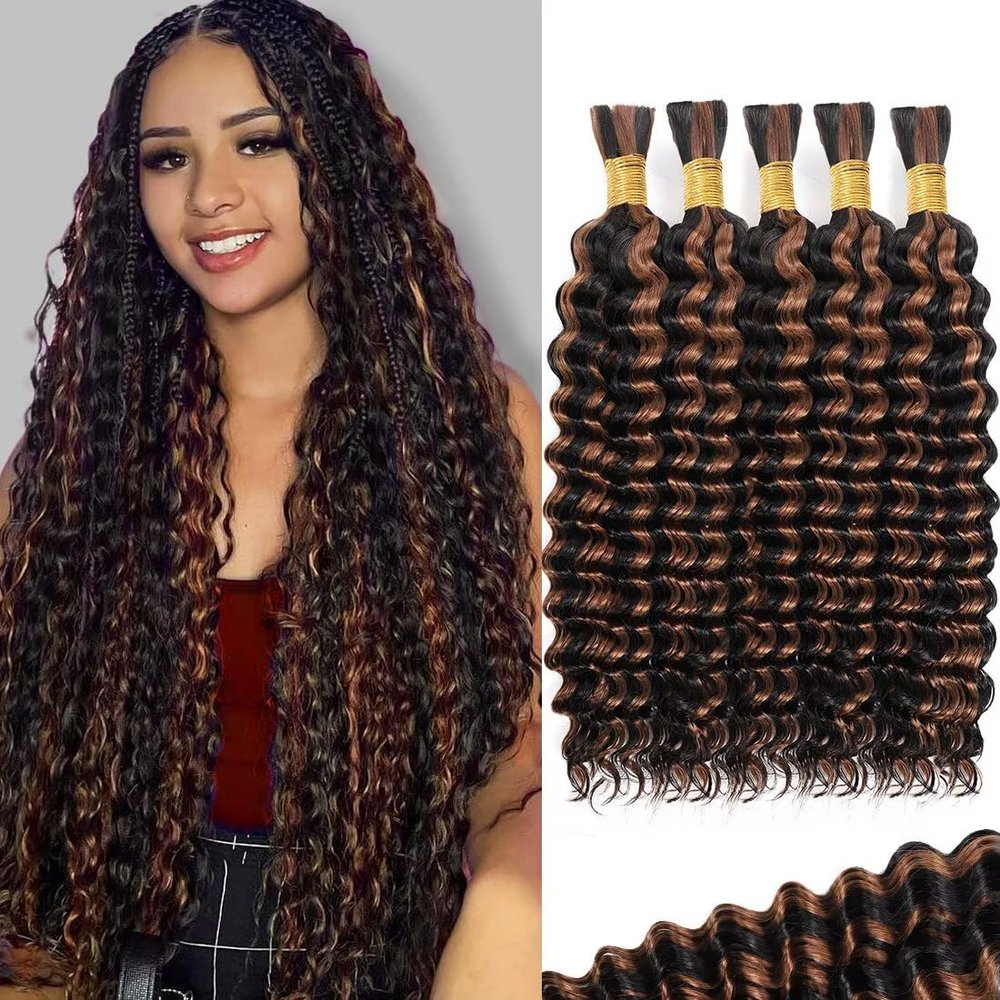 160g 5 Bundles/Pack Ombre Brown Human Braiding Hair for Boho Braids 22 Inch Curly Boho Hair for Braiding Knotless 12A Deep Wave Bulk Bohemian Color P1B/30