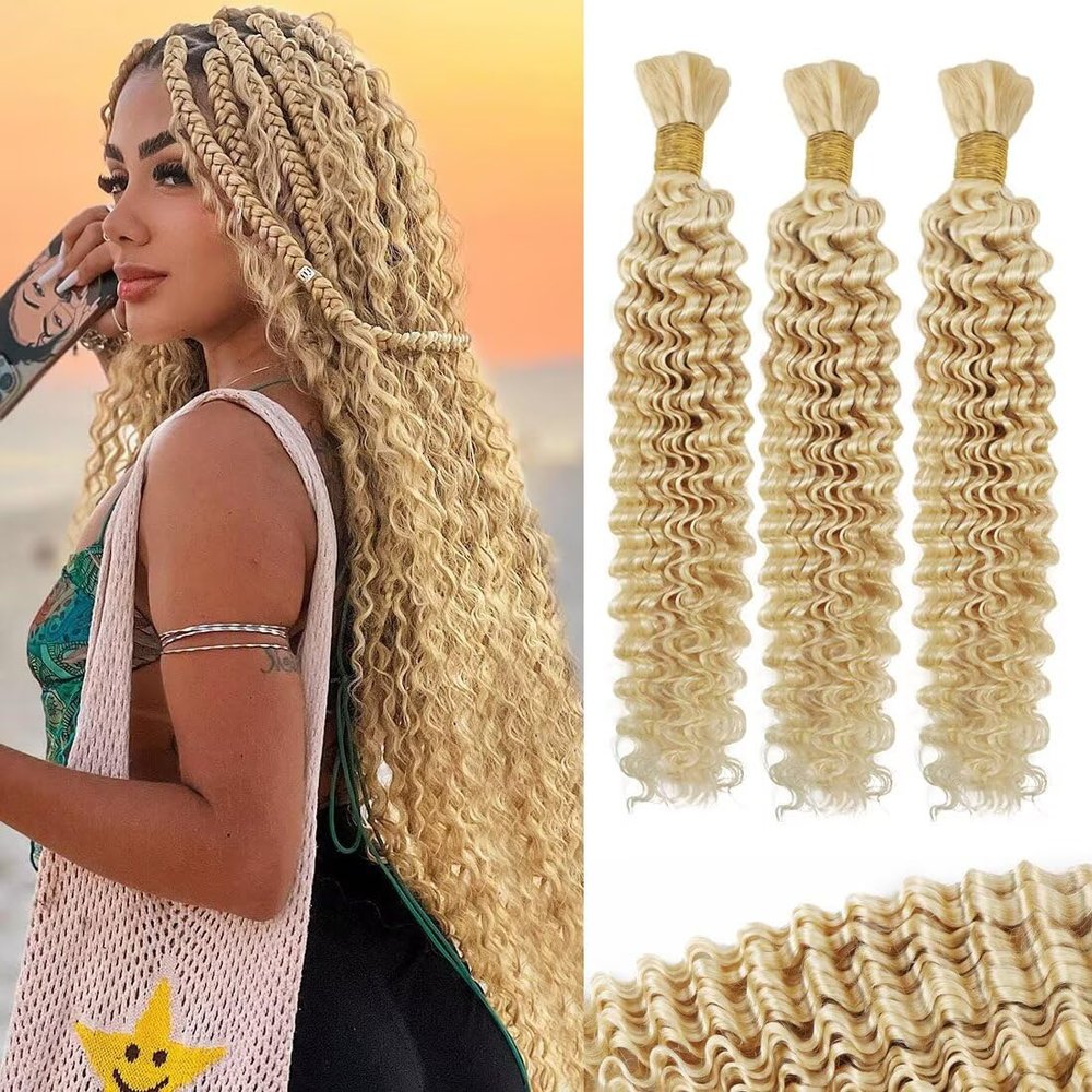 100g 3 Bundles/Pack 613 Blonde Human Braiding Hair for Boho Braids 22 Inch Curly Boho Hair for Braiding Knotless 12A Deep Wave Bulk Bohemian Color 613