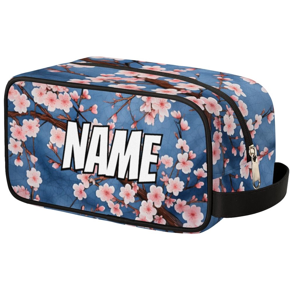 Zestdesign Custom Flowering Cherry Makeup Bag with Name Personalized Waterproof Toiletry Bags Customized Pink Flower Cosmetic Bag for Women Men