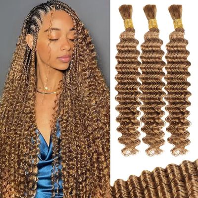 100g 3 Bundles/Pack Honey Blonde Human Braiding Hair for Boho Braids 14 Inch Curly Boho Hair for Braiding Knotless 12A Deep Wave Bulk Bohemian Color 27
