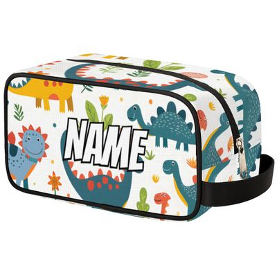 Zestdesign Custom Funny Dinosaurs Makeup Bag with Name Personalized Waterproof Toiletry Bags Customized Green Plant Leaf Cosmetic Bag for Women Men
