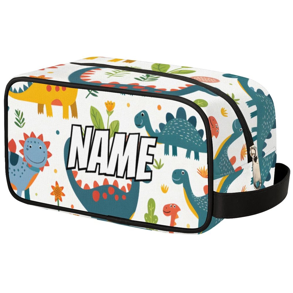 Zestdesign Custom Funny Dinosaurs Makeup Bag with Name Personalized Waterproof Toiletry Bags Customized Green Plant Leaf Cosmetic Bag for Women Men