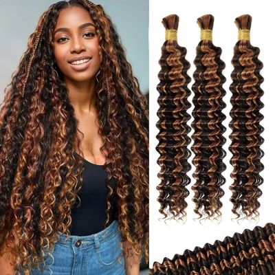100g 3 Bundles/Pack Ombre Honey Blonde Brown Human Braiding Hair for Boho Braids 14 Inch Curly Boho Hair for Braiding Knotless 12A Deep Wave Bulk Bohemian Color P4/30