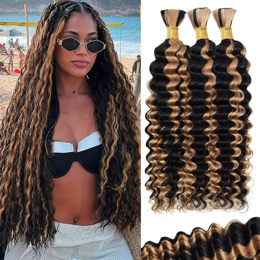 100g 3 Bundles/Pack Ombre Honey Blonde Human Braiding Hair for Boho Braids 20 Inch Curly Boho Hair for Braiding Knotless 12A Deep Wave Bulk Bohemian Color P1B/27