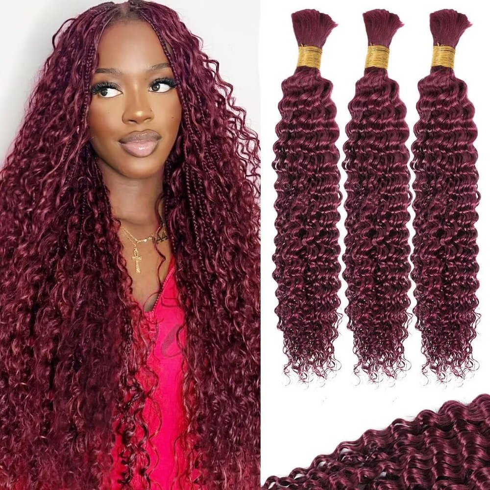 100g 3 Bundles/Pack Burgundy Human Braiding Hair for Boho Braids 24 Inch Curly Boho Hair for Braiding Knotless 12A Deep Wave Bulk Bohemian Color 99J