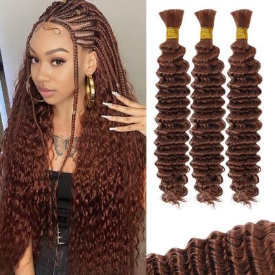 100g 3 Bundles/Pack Brown Human Braiding Hair for Boho Braids 18 Inch Curly Boho Hair for Braiding Knotless 12A Deep Wave Bulk Bohemian Color 30