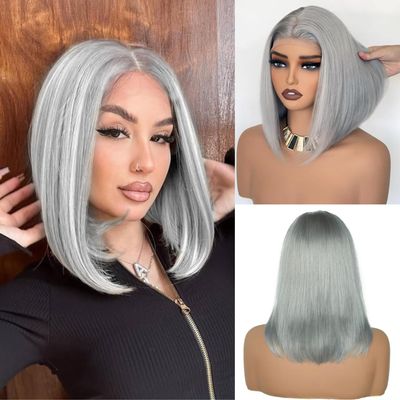 12 Inch Silver Grey Short Straight Bob Wigs Human Hair Short Straight Grey Bob Wig 13x4 HD Lace Front Bob Wigs 180% Density Pre Plucked With Baby Hair for Women