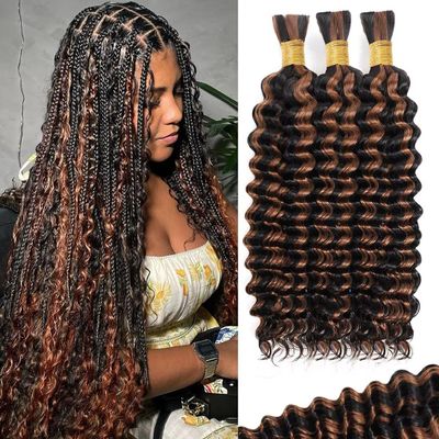 100g 3 Bundles/Pack Ombre Brown Human Braiding Hair for Boho Braids 24 Inch Curly Boho Hair for Braiding Knotless 12A Deep Wave Bulk Bohemian Color P1B/30