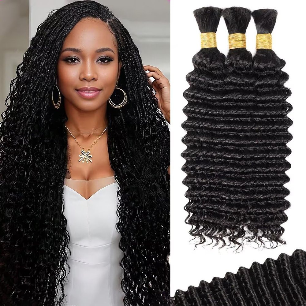 100g 3 Bundles/Pack Human Braiding Hair for Boho Braids 18 Inch Curly Boho Hair for Braiding Knotless 12A Deep Wave Bulk Bohemian Natural Black