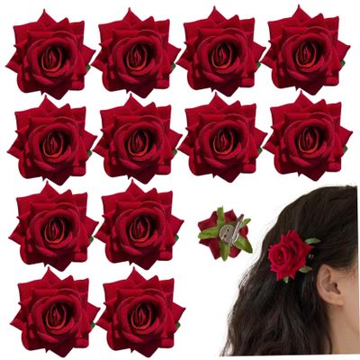 12 PCS Flower Hair Pins Flamenco Dancer Mexican Red Rose Hair Clip Vintage Flower Brooches Accessories for Women Girls Bridal Wedding Party Costume