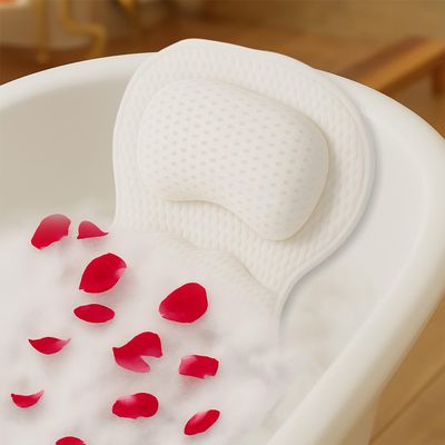 Bath Pillow for Tub | 4D Air Mesh Fabric - Plush Bathtub Pillow for Neck & Back Support, Hot Tub Pillow with 6 Non-Slip Suction Cups | Spa Pillow for Relaxation and Comfort (White).