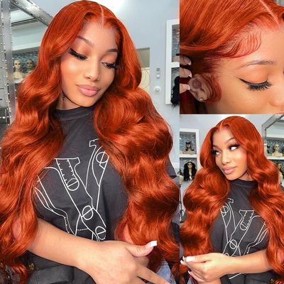 13x4 Orange Ginger Lace Front Wigs Human Hair Pre Plucked Body Wave Wig Brazilian Colored Human Hair Wigs for Black Women Invisible Transparent Lace Frontal Wigs 180% Density (28 Inch)