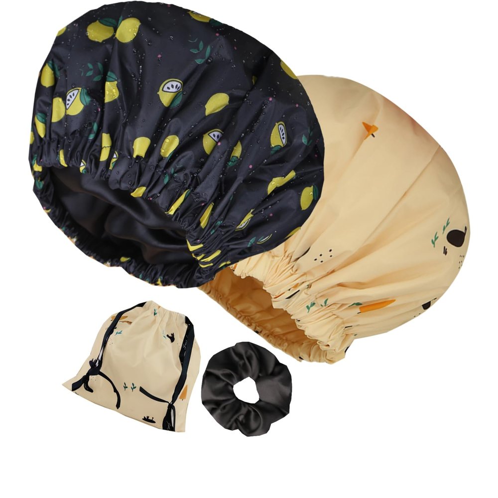 2Pcs Genergy Luxury Satin lined Shower Cap Waterproof Adjustable Baths Bonnet Reusable Extra Large Double Layers and Reversible Elastic Bath Hair Shower Caps for Women