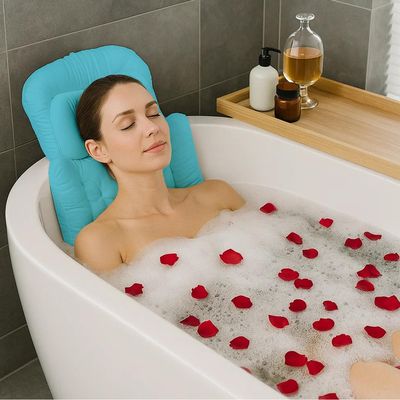 Bath Pillow for Tub | 4D Air Mesh Fabric - Plush Bathtub Pillow for Neck & Back Support, Hot Tub Pillow with 6 Non-Slip Suction Cups | Spa Pillow for Relaxation and Comfort (White). (Full Body Blue)