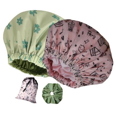 2Pcs Genergy Luxury Satin lined Shower Cap Waterproof Baths Bonnet for Women Reusable Extra Large Double Layers and Reversible Elastic Bath Hair Shower Caps Adjustable