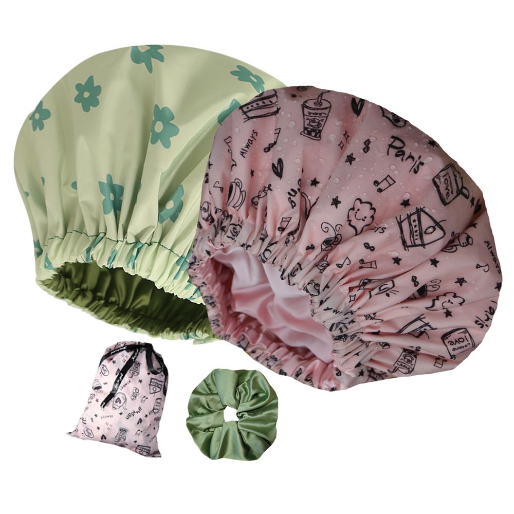 2Pcs Genergy Luxury Satin lined Shower Cap Waterproof Baths Bonnet for Women Reusable Extra Large Double Layers and Reversible Elastic Bath Hair Shower Caps Adjustable