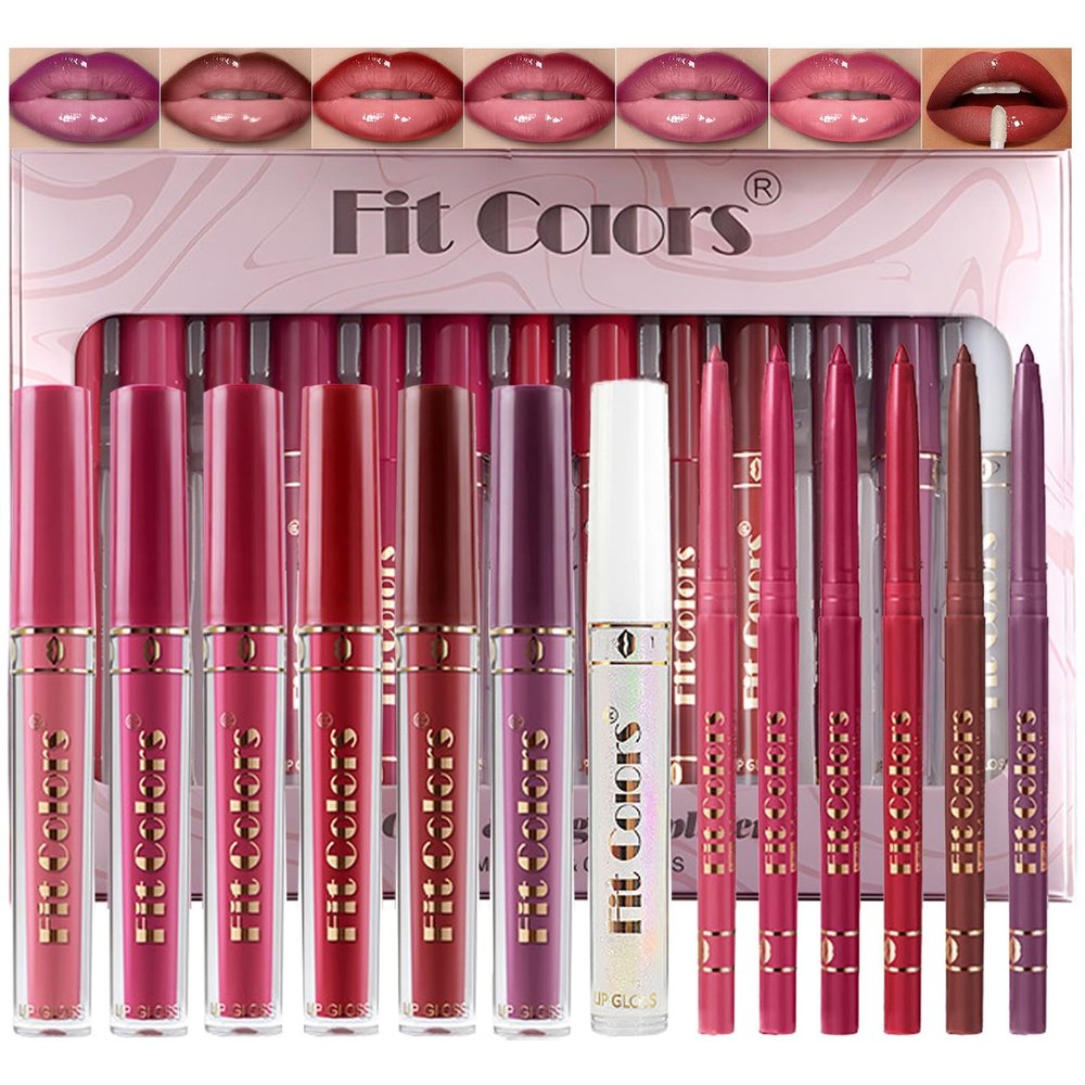 MooGlamor 13 Pcs Lip Liner and Lip Gloss Set with Waterproof and Transfer-proof Liquid Lipstick Kit Gift for Smooth Long-Lasting Lip Makeup (Kit B Glossy)