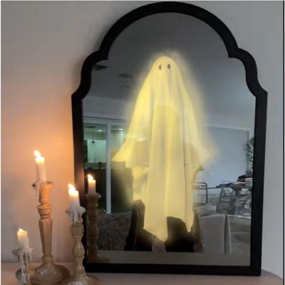 2025 Halloween Hologram Ghost Mirror  LED Spooky Haunted Mirror with Creepy Eyes, Indoor Halloween Wall Decor for Bedroom, Living Room, Fireplace, DIY Haunted House Props (Wavy Border, White Light)