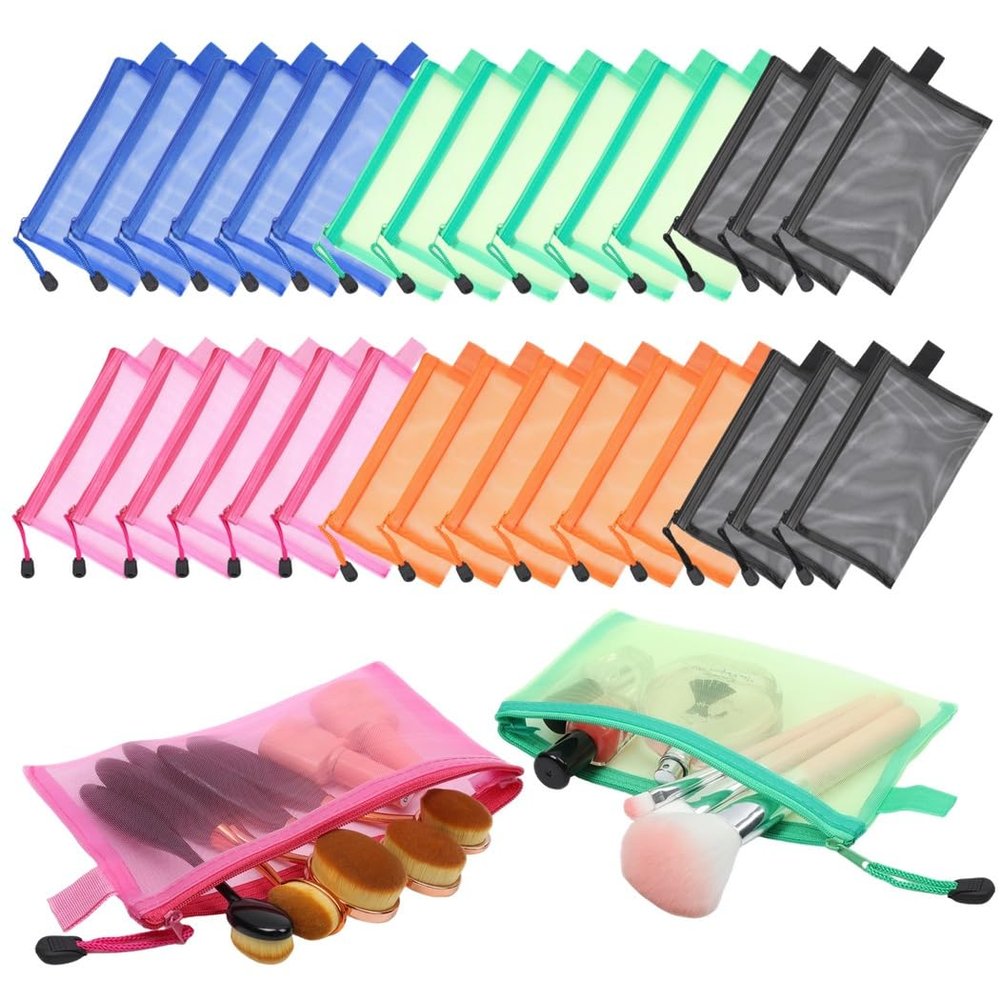 30-Piece A6 Mesh Zipper Bag Set, Colorful Small Nylon Zip Pouches, Transparent Makeup & Stationery Storage, Travel Wallet Organizers For Office, School Use