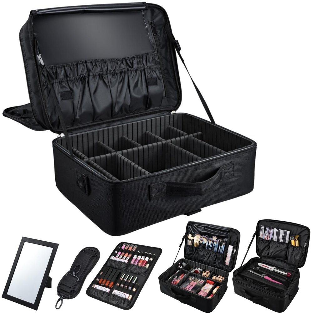 Adazzo Large Makeup Bag, 3 Layers 17 Makeup Case Organizer with Mirror Professional Cosmetic Storage Backpack Box Travel Artist Carrying Vanity Bags with Brush Slot/Shoulder Strap/Attach to Suitcase