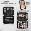 Adazzo Large Makeup Bag, 3 Layers 17 Makeup Case Organizer with Mirror Professional Cosmetic Storage Backpack Box Travel Artist Carrying Vanity Bags with Brush Slot/Shoulder Strap/Attach to Suitcase view 2