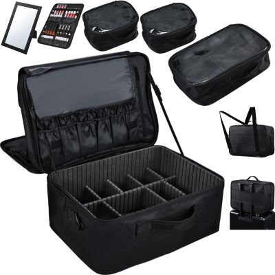 Adazzo Extra Large Makeup Case 8.5 Deep Professional Cosmetic Organizer Box Brush Holder with 3 Clear Set Bags/Lipstick Plate for Makeup Artists with Shoulder Strap/Adjustable Dividers/Luggage Sleeve