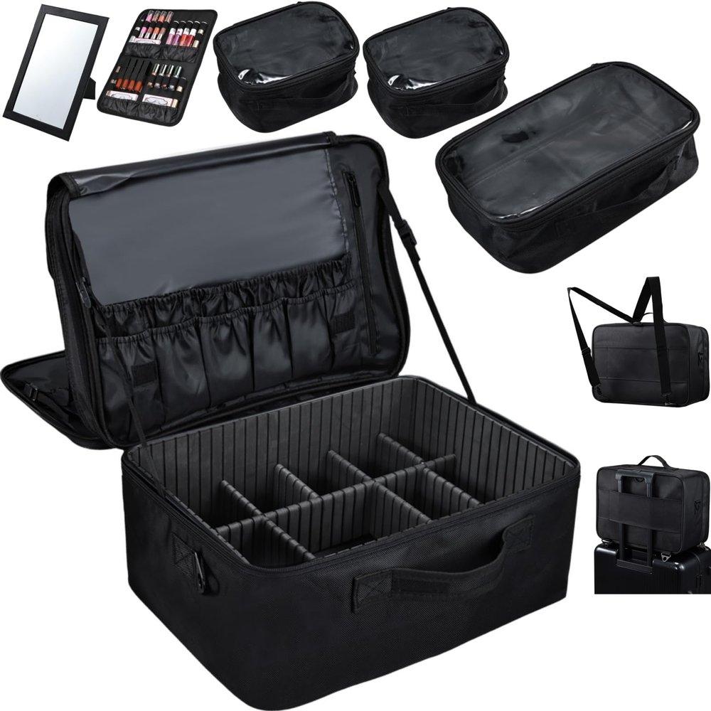 Adazzo Extra Large Makeup Case 8.5 Deep Professional Cosmetic Organizer Box Brush Holder with 3 Clear Set Bags/Lipstick Plate for Makeup Artists with Shoulder Strap/Adjustable Dividers/Luggage Sleeve