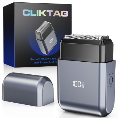 CLIKTAG Mini Electric Foil Shaver for Men - Portable Travel Electric Razor for Face, IPX7 Waterproof, USB-C Rechargeable, LED Display, 3 Floating Blades, Wet/Dry for Travel & Home