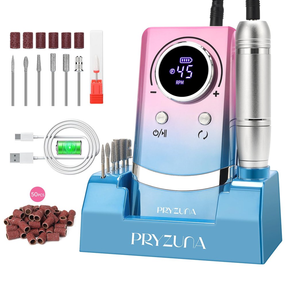 Electric Nail Drill Professional 45000RPM, Portable Cordless Nail File for Acrylic & Gel Nails, Rechargeable E-File Machine with 7 Drill Bits, 56 Sanding Bands & Base, for Salon or DIY Home (Gradient)