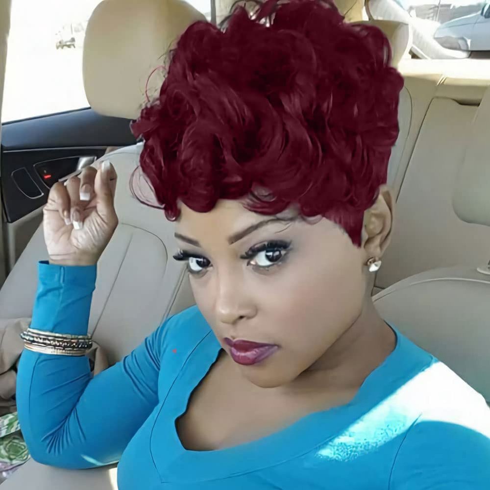 RUISENNA Short Pixie Wigs for Black Women Curly Pixie Cut wigs for Black Women Burgundy Synthetic Hair Natural Wavy Full Machine Made Glueless Wigs with Bangs Quick Get Up and Go Wigs (COLOR VG90U#)